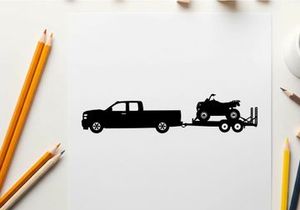 Silhouette of a pickup truck towing a trailer with a lawn mower silhouette