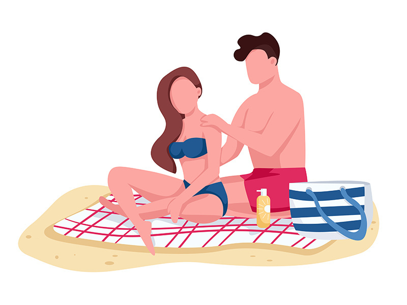 Couple applying sunscreen oil on beach flat color vector faceless characters