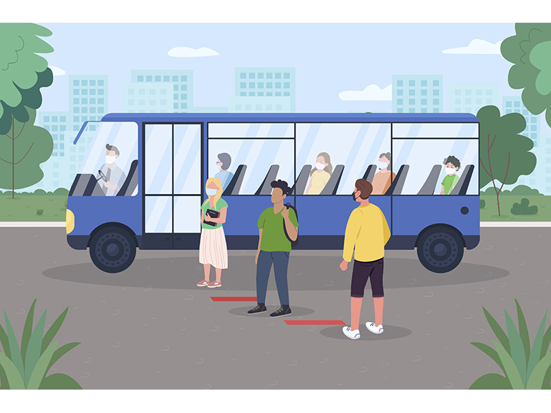 Social distancing for public transport flat color vector illustration