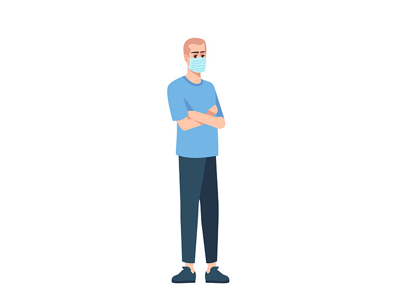 Young man in surgical mask time semi flat RGB color vector illustration