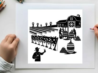 Vineyard scene with silhouette of farmer and workers in a rural setting