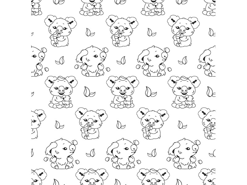 Cute koala linear kawaii characters seamless pattern
