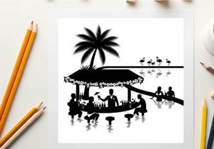 Silhouette of people on a boat under a palm tree