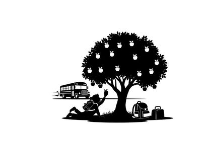 Silhouette of a person under a tree with lanterns and a bus
