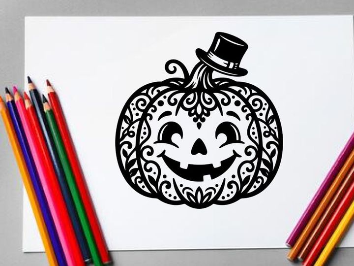 Decorative Halloween Pumpkin with a Smiling Face and Top Hat