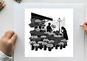 Silhouette of a flower vendor and customer in a bustling urban setting silhouette