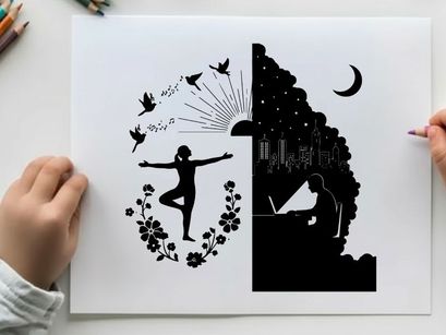 Silhouette of a dancer and a pianist in contrasting environments silhouette