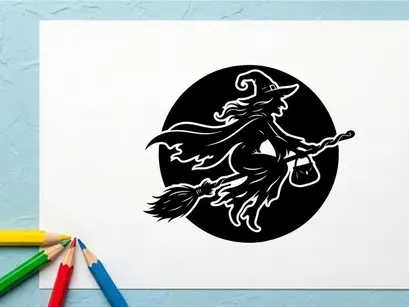 Black witch riding broomstick in moonlit night with silhouette style