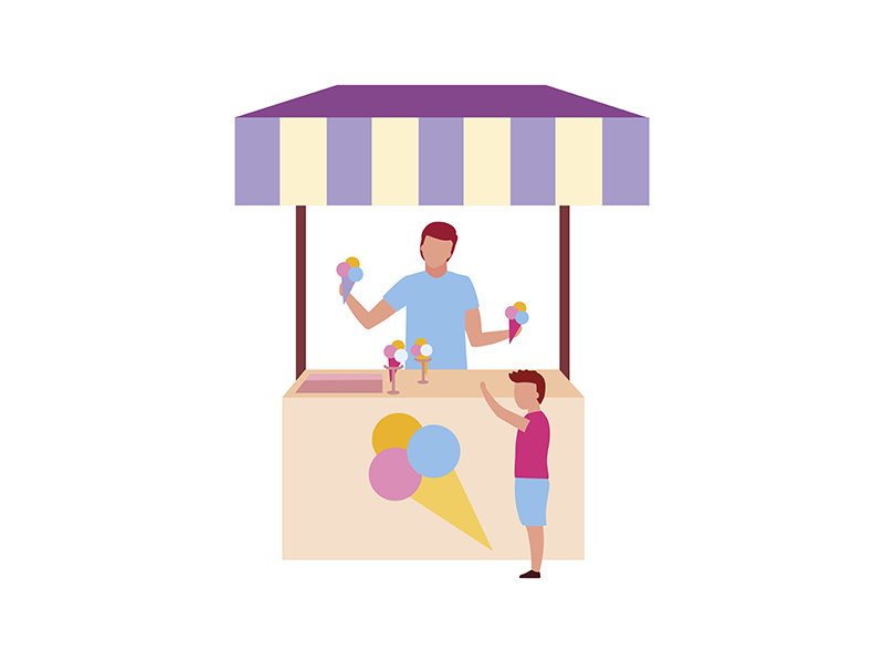 Ice cream vendor with kiosk semi flat color vector character