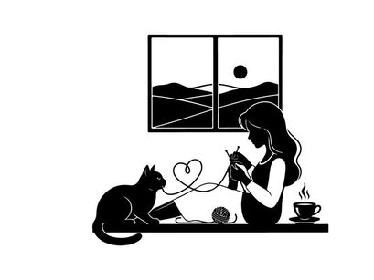 Silhouette of a woman knitting with cat and scenic view