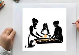 Silhouette of three people preparing food together in a kitchen setting