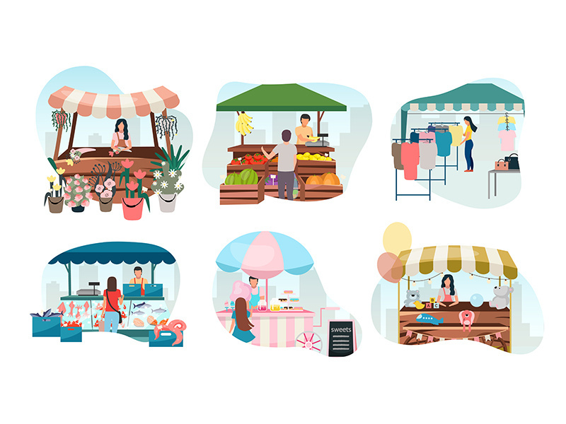 Street market stalls flat vector illustrations set