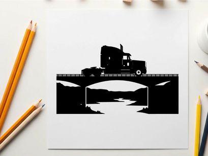 Truck silhouette crossing a bridge over a river at sunset