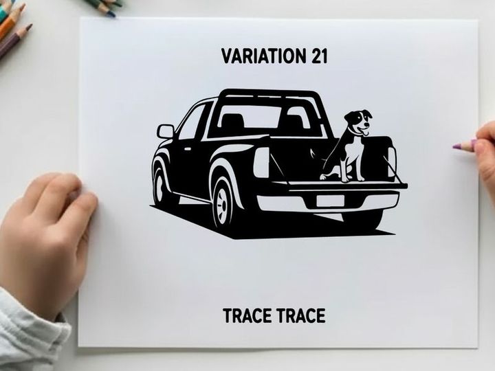 Silhouette of a pickup truck with dog in the back