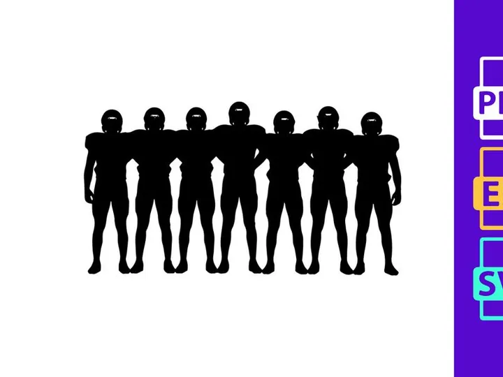 Silhouette of seven humanoid figures standing in a row with arms linked