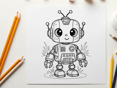 Cute robot standing in grass vector illustration flat design