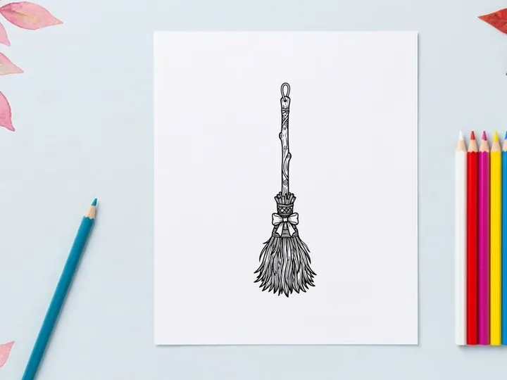 Hand-drawn vintage broom with wooden handle and natural bristles. Classic cleaning tool sketch for household or witchcraft themes.