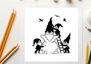 Gnomes building a snowman silhouette in winter wonderland scene