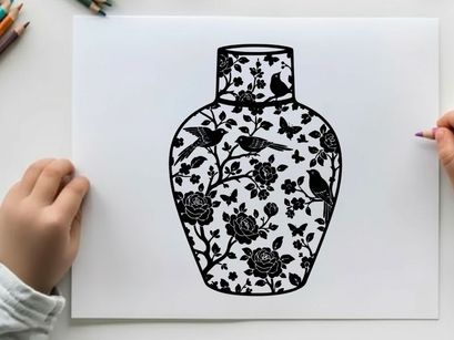 Silhouette of a decorative vase with floral pattern and birds silhouette