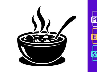Hot soup bowl steaming spoon minimalist black white illustration