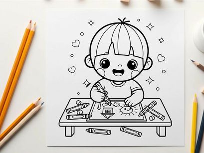 Cute child drawing with crayons vector illustration flat design