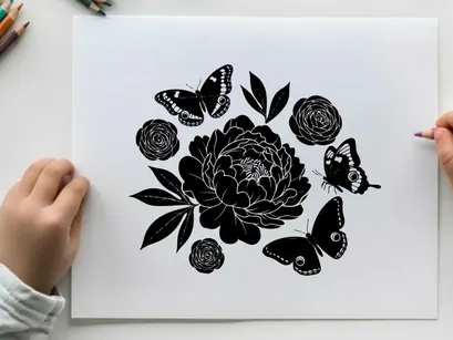 Silhouette of butterflies and flowers on white background