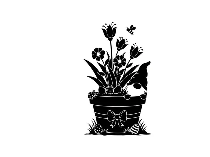 Silhouette of a dog peeking from behind flowers in a decorated pot