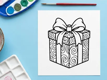 Christmas gift box with swirl pattern and bow, black and white line art illustration.