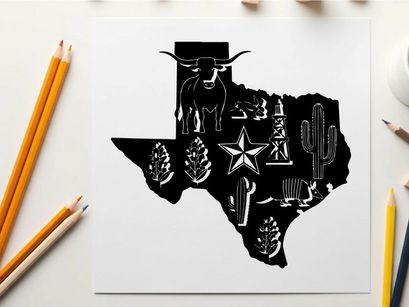 Texas silhouette with various iconic symbols and a star
