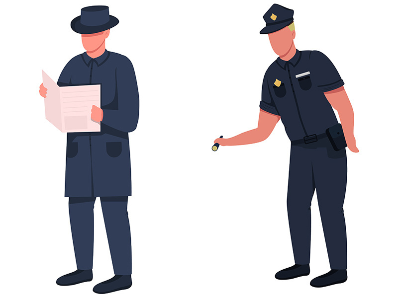 Police officer flat color vector faceless character set
