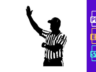Silhouette of a referee in a black and white striped uniform signaling a call