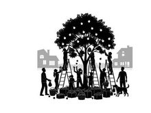 Silhouette of people decorating a tree with lights in a residential area silhouette