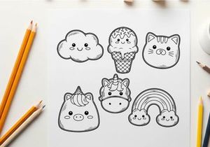 Cute animal faces in ice cream and rainbow vector illustration