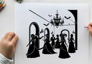 Elegant silhouette of people in a ballroom with chandelier and bats