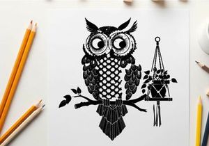 Owl silhouette perched beside hanging plant