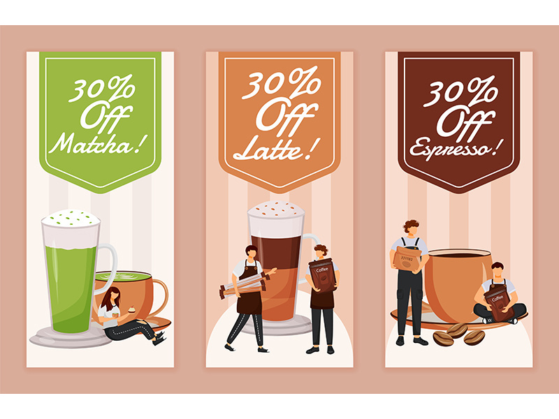 Discount for coffee flyers flat vector templates set