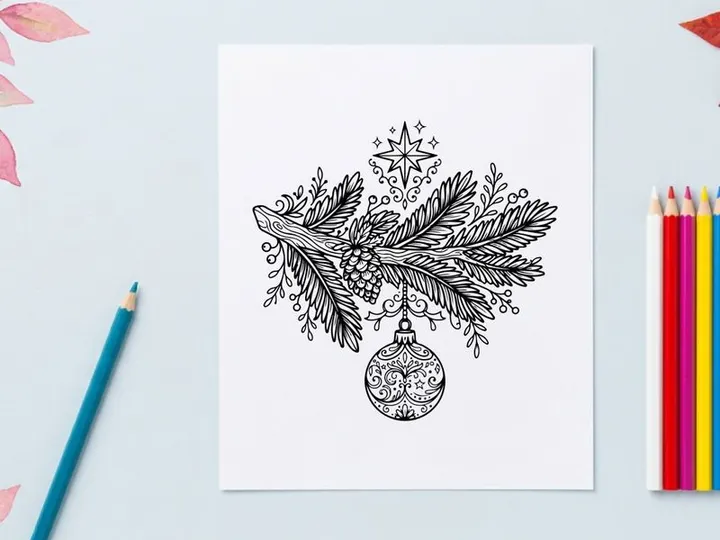 Christmas pine branch with hanging bauble ornament and star line art illustration