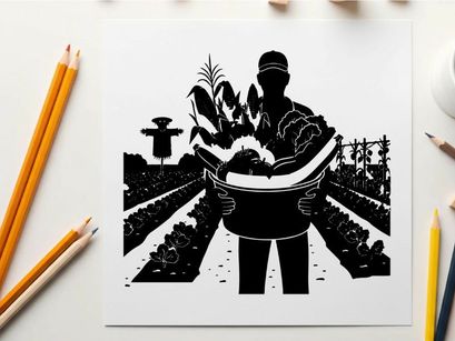 Silhouette of farmer holding basket of fresh produce in field