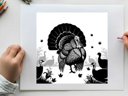 Black and white silhouette of a turkey with feathers spread wide outdoors