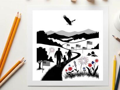 Patriotic family stroll with eagle silhouette in mountainous landscape