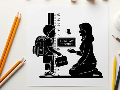 Silhouette of mother and child on first day of school with height measurement