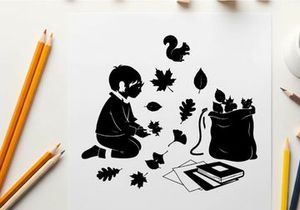 Silhouette of child collecting leaves with squirrel and book