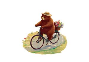 Bear riding a bike in floral countryside road, isolated in white background.