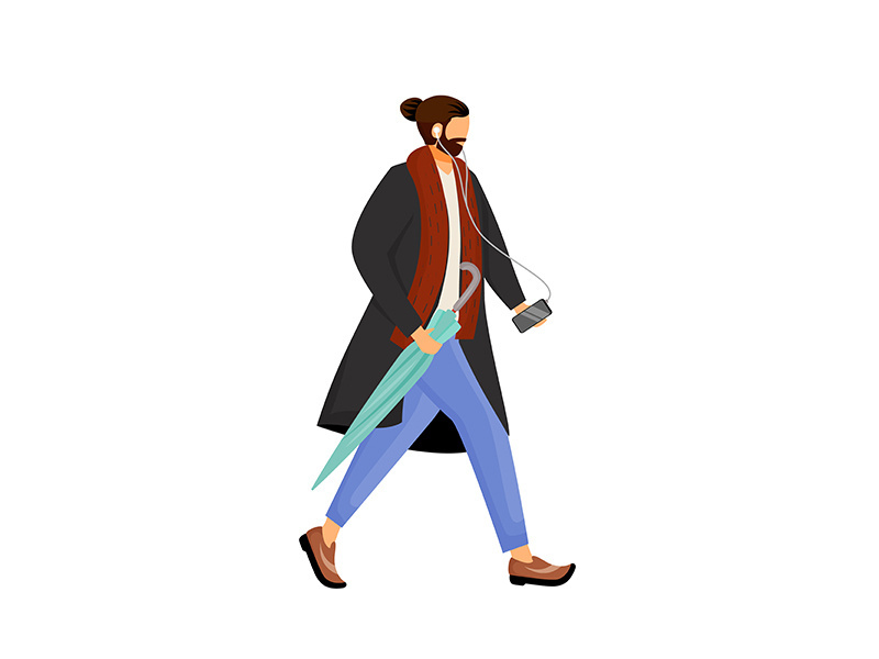 Man with beard in coat flat color vector faceless character