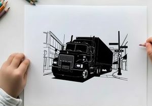 Silhouette of a semi truck driving down a city street