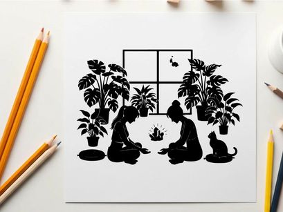 Silhouette of two people and cat by window with plants