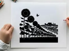 Sunflower field silhouette with farmhouse and butterfly