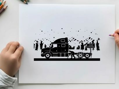 Truck and dog silhouette in winter landscape with mountains