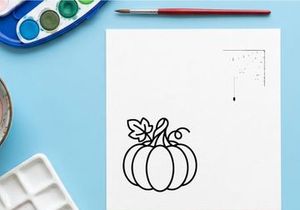 Hand-drawn pumpkin illustration with autumn leaves. Whimsical sketch of harvest gourd and floral decoration for seasonal designs.