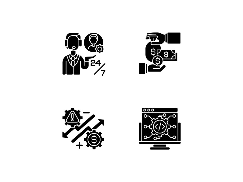 Business development and support black glyph icons set on white space